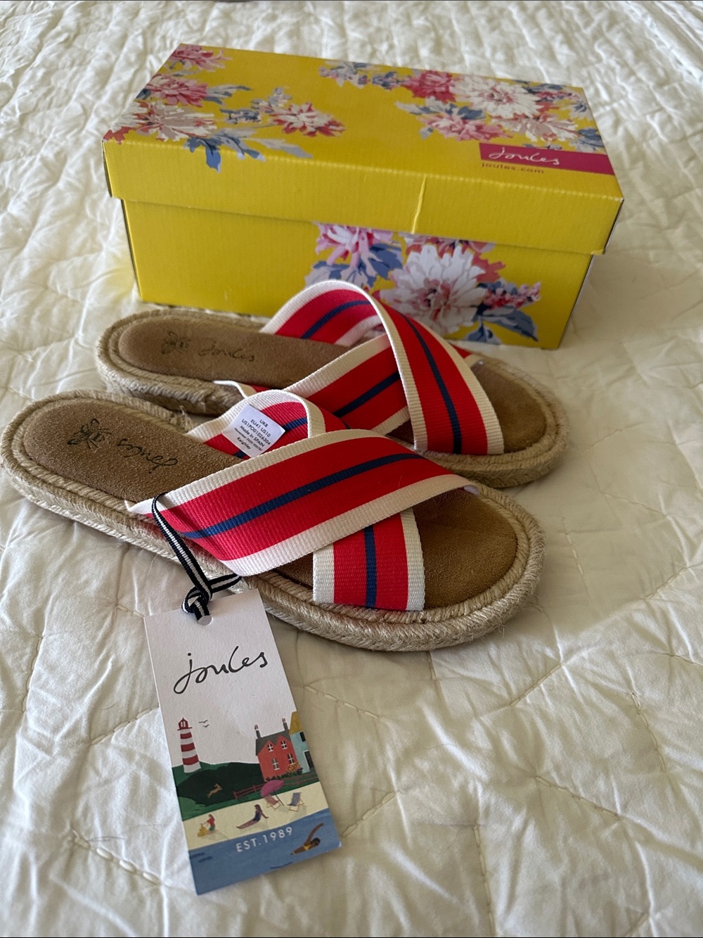 Joules Red, Navy & White Cross-Strap Slide Sandals
